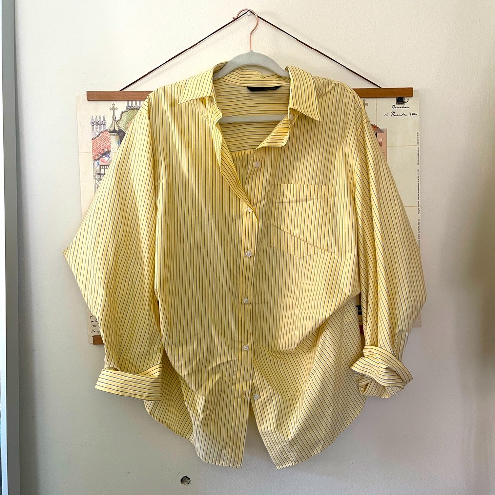 Zara Butter Yellow Oversized Striped Shirt in M